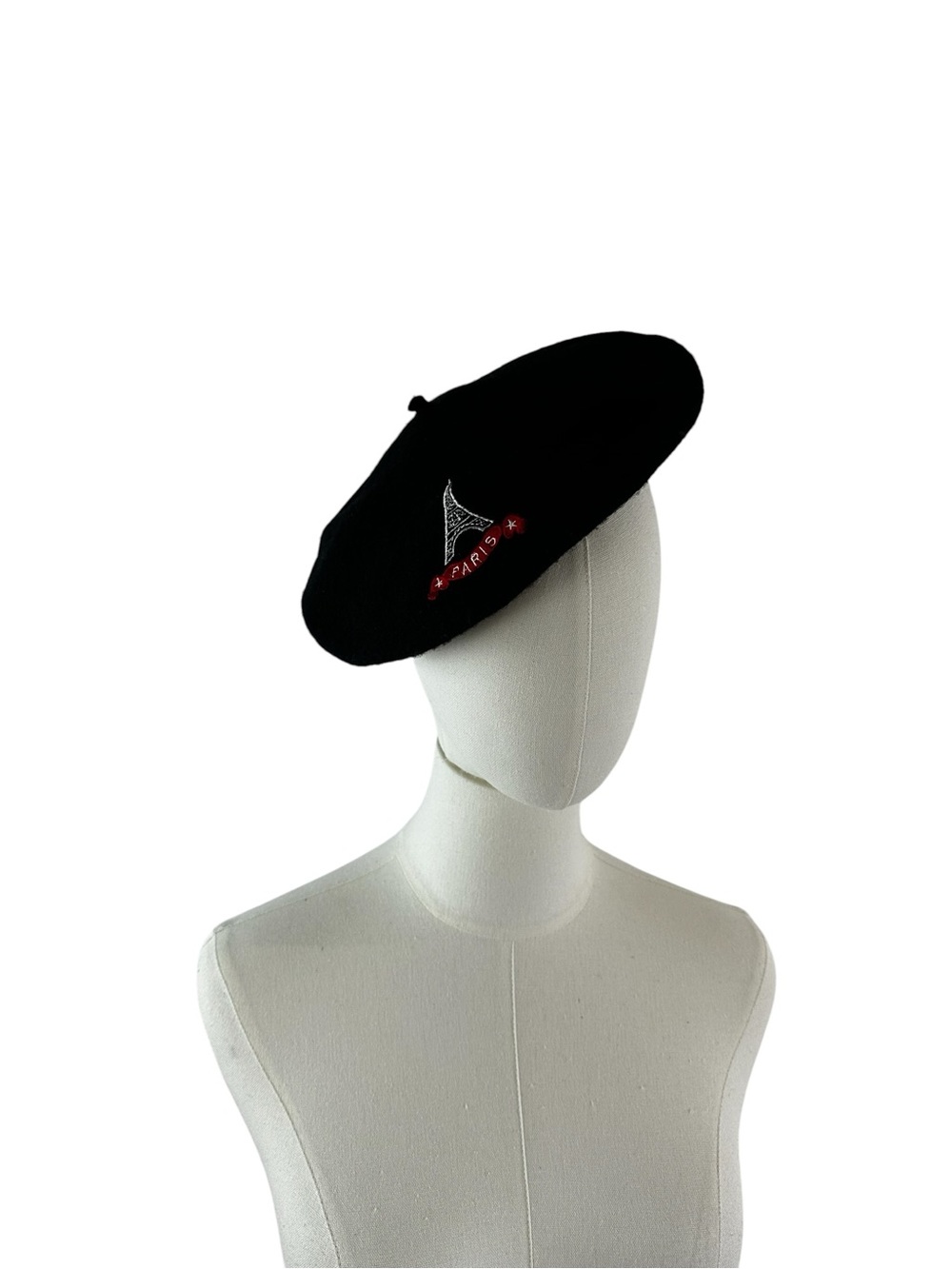 VTG Patricia Paris Wool Beret Eiffel Tower Embroidered Black Classic Hat